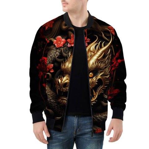 Bomber Jacket Golden Dragon Red Flowers