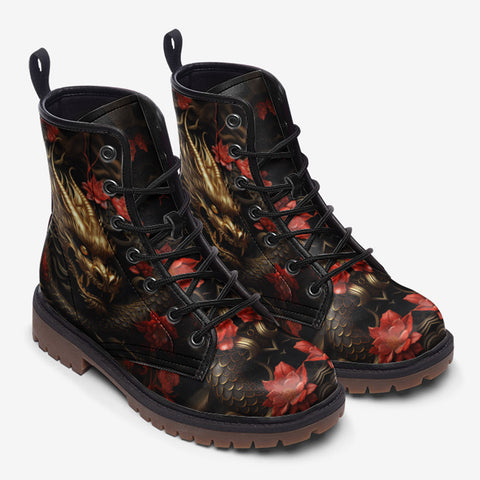 Leather Boots Golden Dragon Red Flowers
