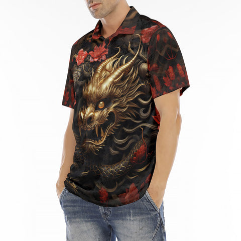 Men's Polo Shirt Golden Dragon Red Flowers