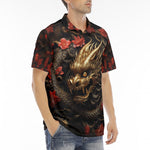 Men's Polo Shirt Golden Dragon Red Flowers