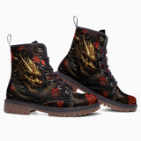 Leather Boots Golden Dragon Red Flowers