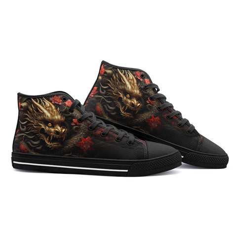 High-Top Canvas Shoes Golden Dragon Red Flowers