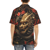 Hawaiian Shirt Golden Dragon Red Flowers