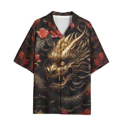 Hawaiian Shirt Golden Dragon Red Flowers