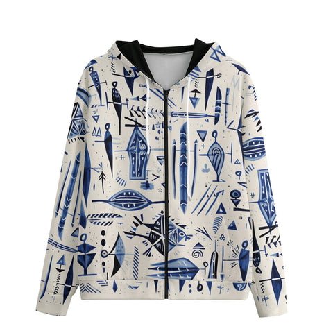 Men's Zip Up Hoodie Blue Tribal Drawing