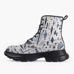 Casual Leather Chunky Boots Blue Tribal Drawing