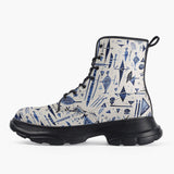 Casual Leather Chunky Boots Blue Tribal Drawing