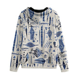 Men's Zip Up Hoodie Blue Tribal Drawing