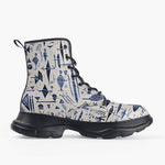 Casual Leather Chunky Boots Blue Tribal Drawing