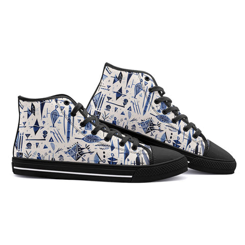 High-Top Canvas Shoes Blue Tribal Drawing