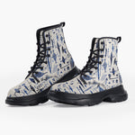 Casual Leather Chunky Boots Blue Tribal Drawing