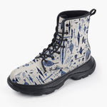 Casual Leather Chunky Boots Blue Tribal Drawing