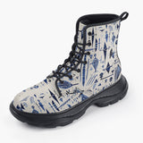 Casual Leather Chunky Boots Blue Tribal Drawing
