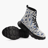 Casual Leather Chunky Boots Blue Tribal Drawing