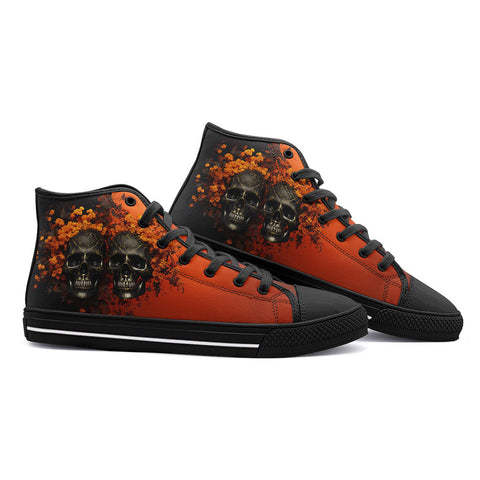 High-Top Canvas Shoes Skulls and Flowers Red and Black