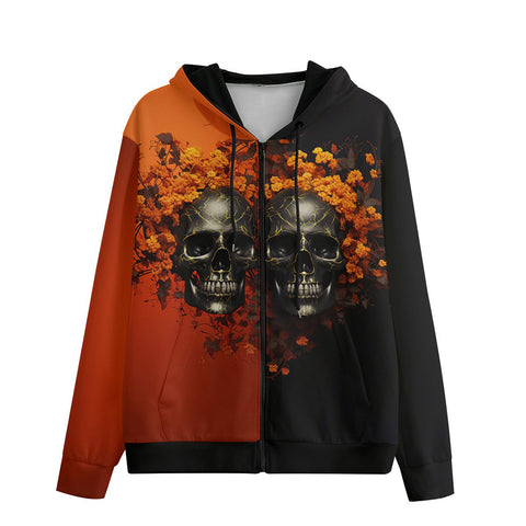 Men's Zip Up Hoodie Skulls and Flowers Red and Black