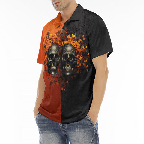 Men's Polo Shirt Skulls and Flowers Red and Black