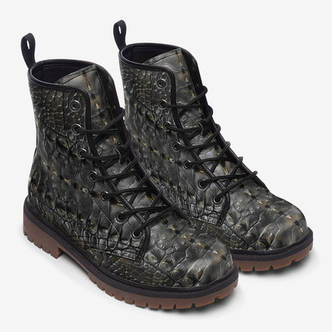 Leather Boots Gray Alligator Pattern Print