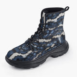 Casual Leather Chunky Boots Blue Snake Skales Print