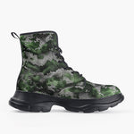 Casual Leather Chunky Boots Green Snake Skin Print