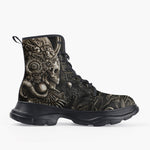 Casual Leather Chunky Boots Mayan Skull Carved Stone Wall Art