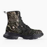 Casual Leather Chunky Boots Mayan Skull Carved Stone Wall Art