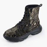 Casual Leather Chunky Boots Mayan Skull Carved Stone Wall Art