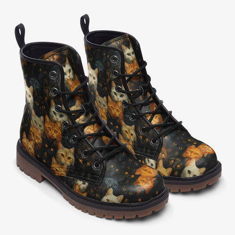 Leather Boots Black and Orange Cats Art