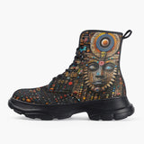 Casual Leather Chunky Boots Tribal Wooden Ornaments