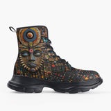 Casual Leather Chunky Boots Tribal Wooden Ornaments