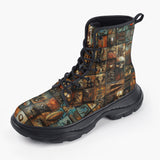 Casual Leather Chunky Boots Fantasy Artwork Collage