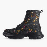 Casual Leather Chunky Boots Black and Gold Ornament