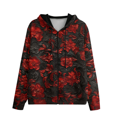 Men's Zip Up Hoodie Red Engraved Flowers on Black