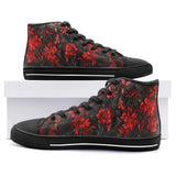 High-Top Canvas Shoes Red Engraved Flowers on Black