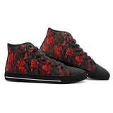 High-Top Canvas Shoes Red Engraved Flowers on Black