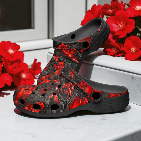 Classic Clogs Red Engraved Flowers on Black