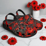 Classic Clogs Red Engraved Flowers on Black