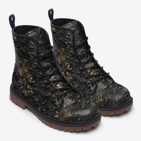 Leather Boots Black and Gold Pattern Print