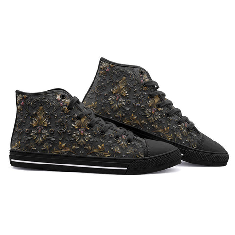 High-Top Canvas Shoes Black and Gold Pattern Print