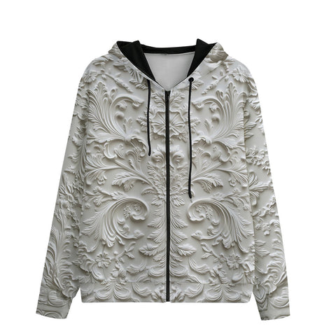 Men's Zip Up Hoodie White Carved Baroque Art