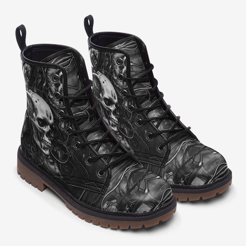 Leather Boots Surreal Robot Skull with Gears