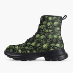 Casual Leather Chunky Boots Green Skulls Collage