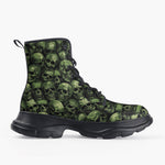 Casual Leather Chunky Boots Green Skulls Collage