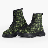 Casual Leather Chunky Boots Green Skulls Collage