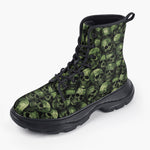 Casual Leather Chunky Boots Green Skulls Collage