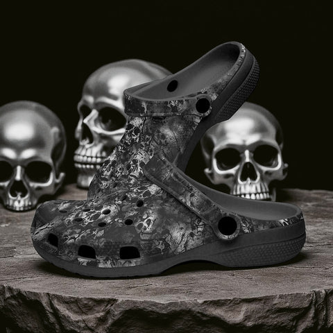 Classic Clogs Gray Skulls Collage