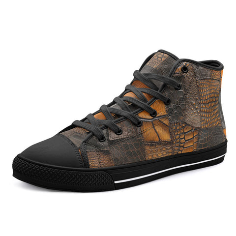 High-Top Canvas Shoes Brown Crocodile Skin Art