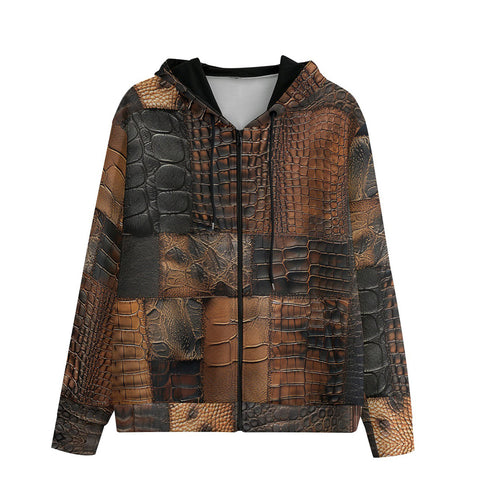 Men's Zip Up Hoodie Brown Alligator Skin Patchwork Print