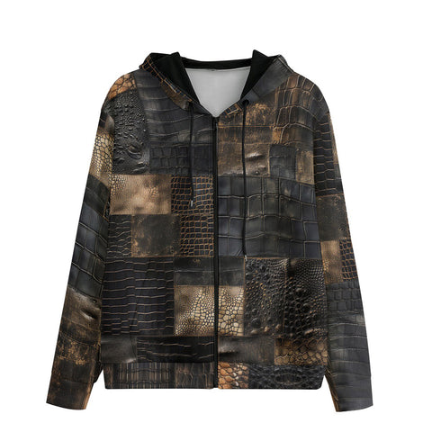 Men's Zip Up Hoodie Black Crocodile Skin Mosaic Print