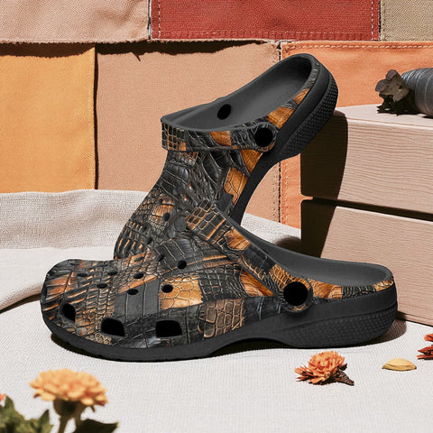 Classic Clogs Black and Brown Alligator Patchwork Print